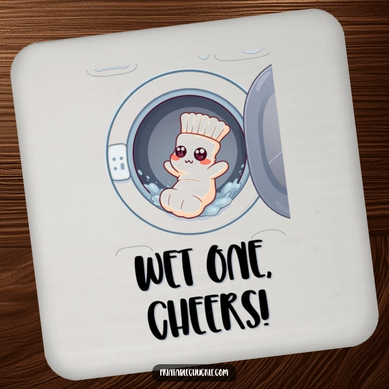 Funny drink coaster: a flustered sock with googly eyes tumbling from a washing machine, protecting surfaces.