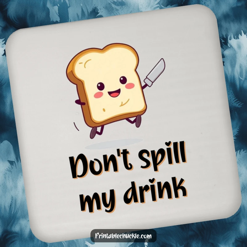 Funny Toast Running Butter Knife Drink Coaster: A piece of toast with legs sprints away from a butter knife, a funny table protector.