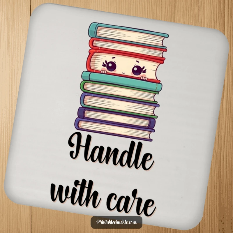 Funny drink coasters featuring a shy book peeking from behind a stack of books, protecting surfaces with charm.