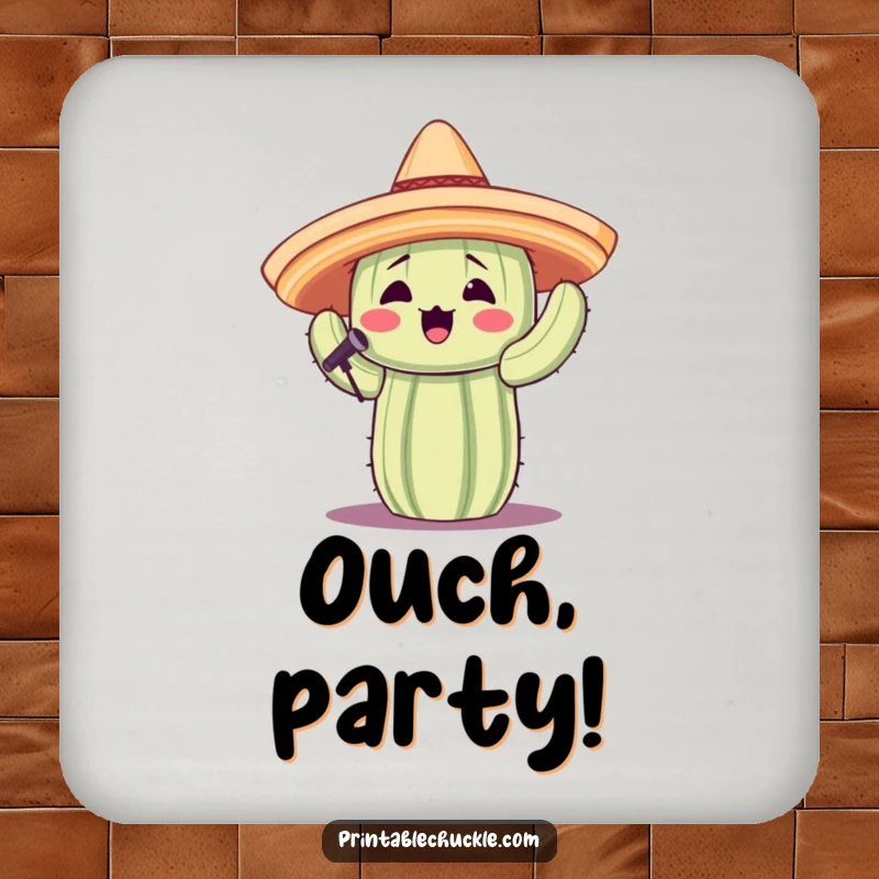 Funny drink coaster showcasing a cactus in a sombrero singing, adding musical and humorous flair.