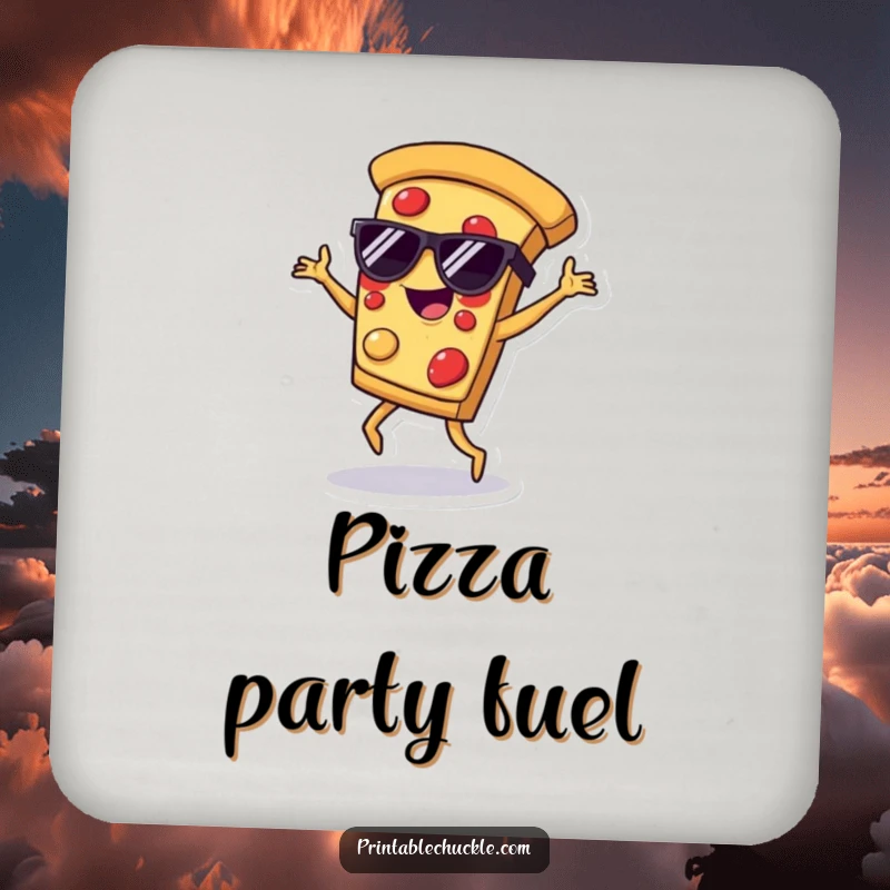 Funny coasters with a pizza slice wearing sunglasses, breakdancing, adding funky protection to tabletops.