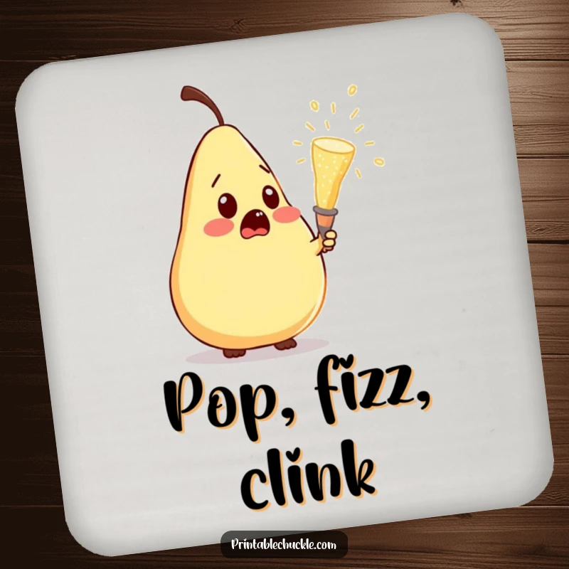 Funny drink coaster with a surprised pear reacting to a popping champagne cork, adding a humorous touch to tabletops.