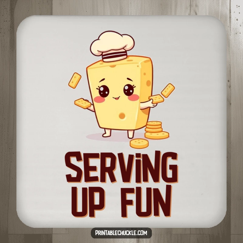 Funny drink coaster depicting a cheese character in a chef hat, humorously juggling crackers, a delightful tabletop addition.