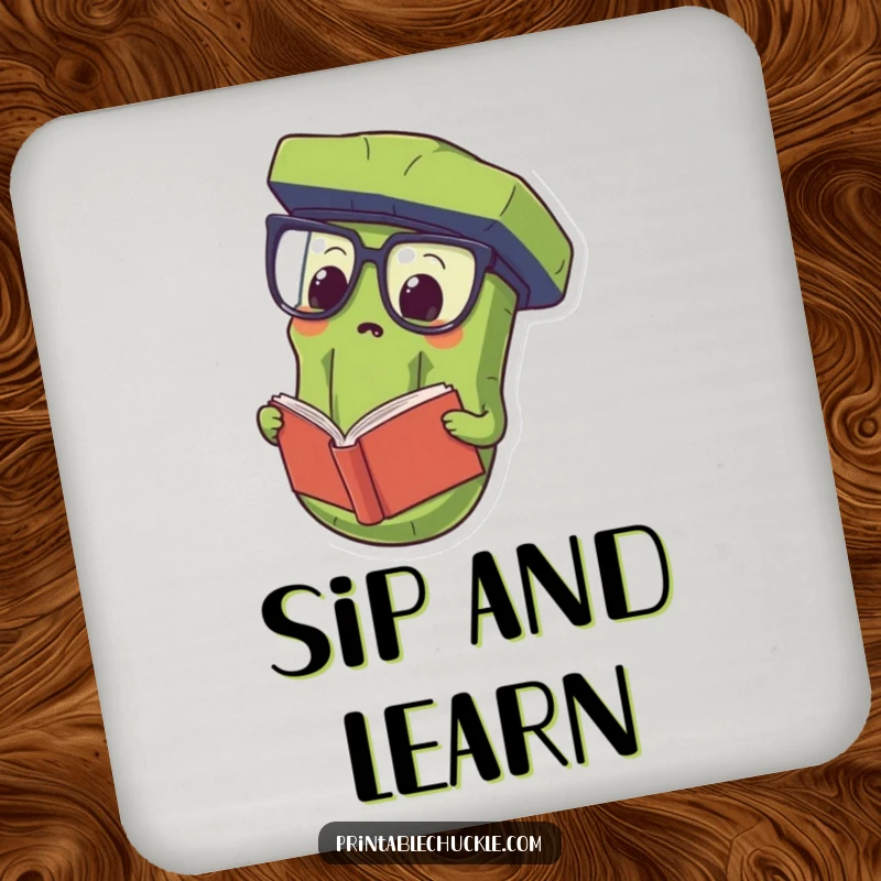 Funny Drink Coasters featuring a proud pickle wearing oversized spectacles and reading a book upside down, protecting surfaces smartly.