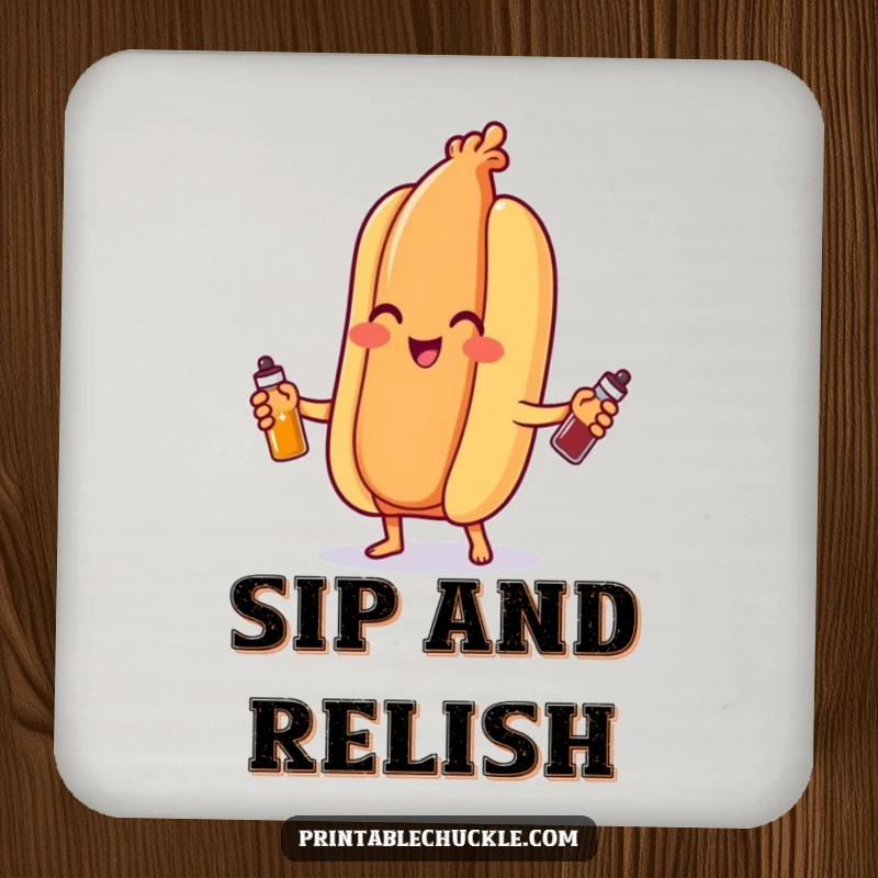 Funny hot dog drink coaster, a cheerful wiener juggling ketchup and mustard, protecting surfaces with a smile.