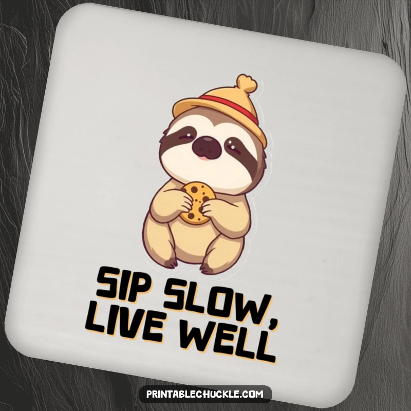 Funny drink coaster: a lazy sloth in a tiny hat, reaching for a cookie, protecting surfaces with humor.