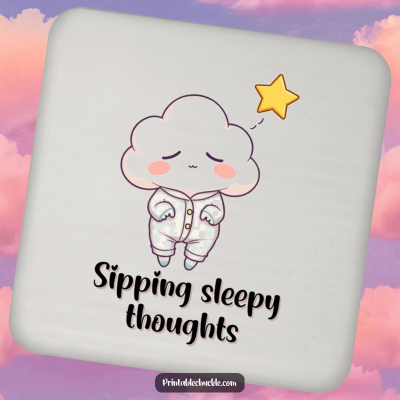 Funny sleepy cloud coaster, wearing pajamas and reaching for a falling star, a humorous and protective addition.