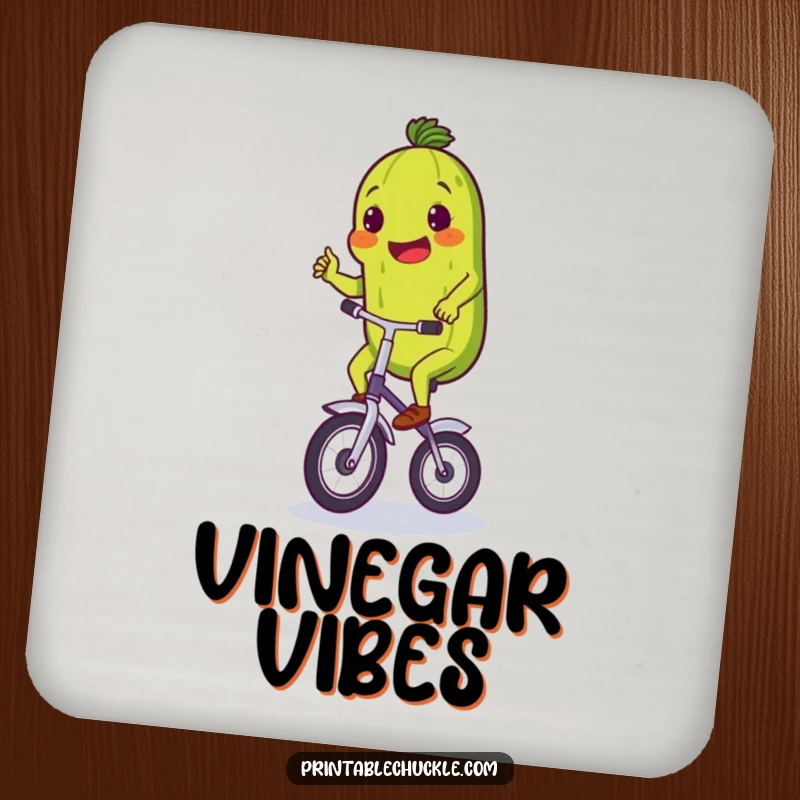 Funny drink coaster featuring a determined pickle wobbling on a unicycle, protecting surfaces with a comical design.