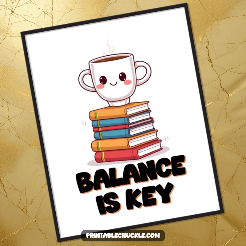 Funny poster illustration of a smiling coffee cup precariously balancing on a wobbly stack of books, perfect for reader decor.
