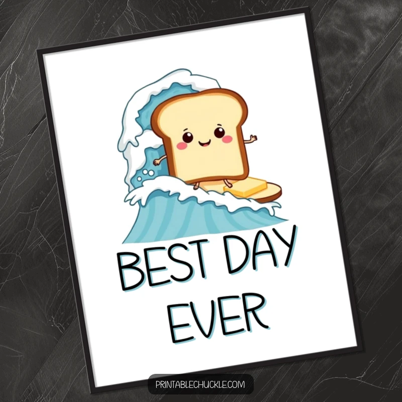 Funny poster art of a toast with a smiley face surfing a colossal wave of butter, whimsical funny gift.