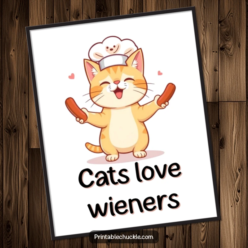 Funny poster showcasing a cat wearing a tiny chef hat hilariously juggling spinning hot dogs, ideal for humorous culinary-themed wall art.