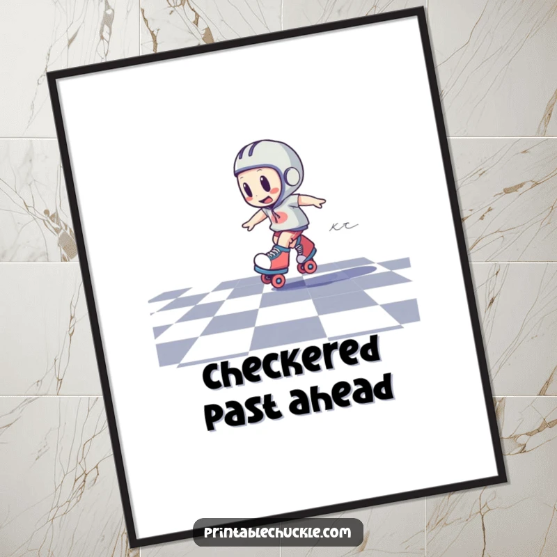 Funny poster print of a roller skate character in a rapid spin on a checkered floor, capturing energetic motion and humor.