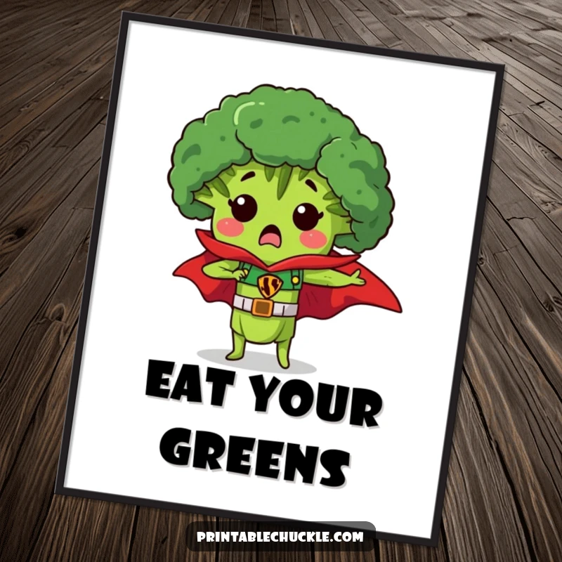 Funny poster print of a surprised piece of broccoli wearing a superhero cape, a humorous and heroic wall art gift.