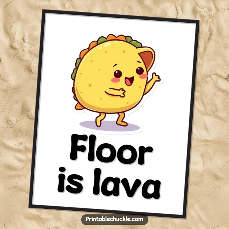 Funny poster showcasing a dancing taco character hilariously tripping over its own shell, a humorous piece of food-themed wall art.