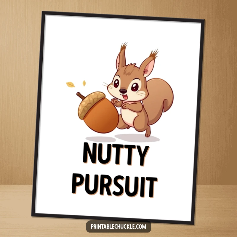 Funny startled acorn fleeing a determined squirrel, captured in a dynamic chase scene on a funny poster, a great funny gift.