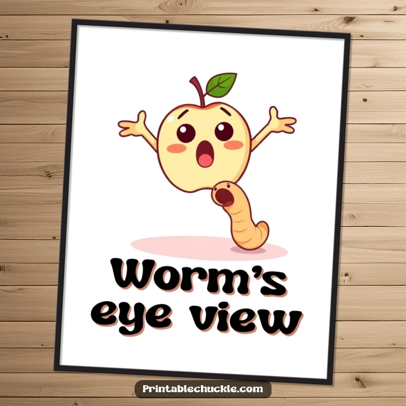 Funny surprised apple with arms outstretched dodging a falling worm, humorous wall art.