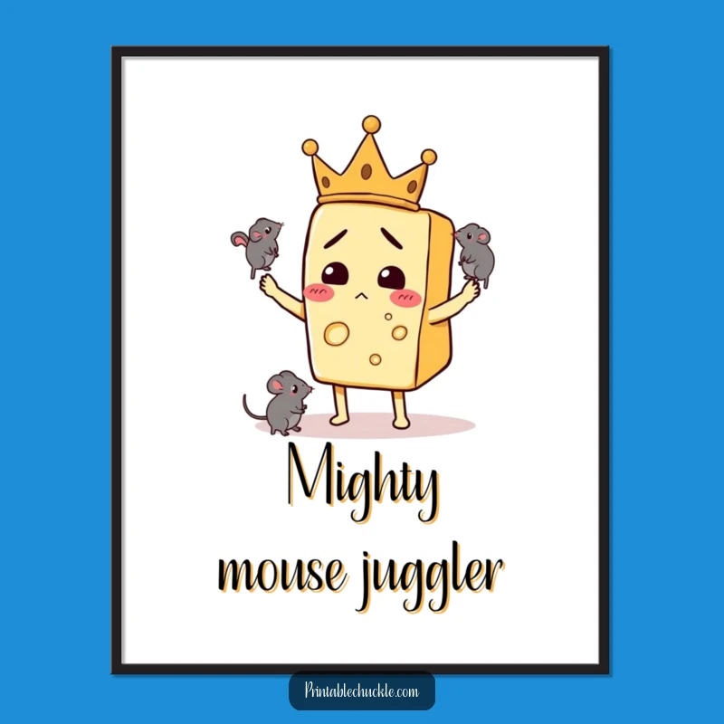 Funny Art Poster: Confused Cheese Crown Juggling Mice - Quirky Wall Decor