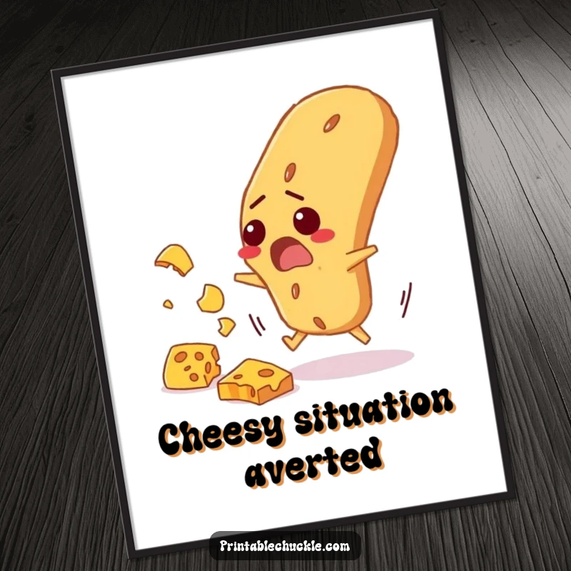 Funny poster illustration of a startled baguette comically dodging falling cheese, perfect for humorous food-themed wall art.
