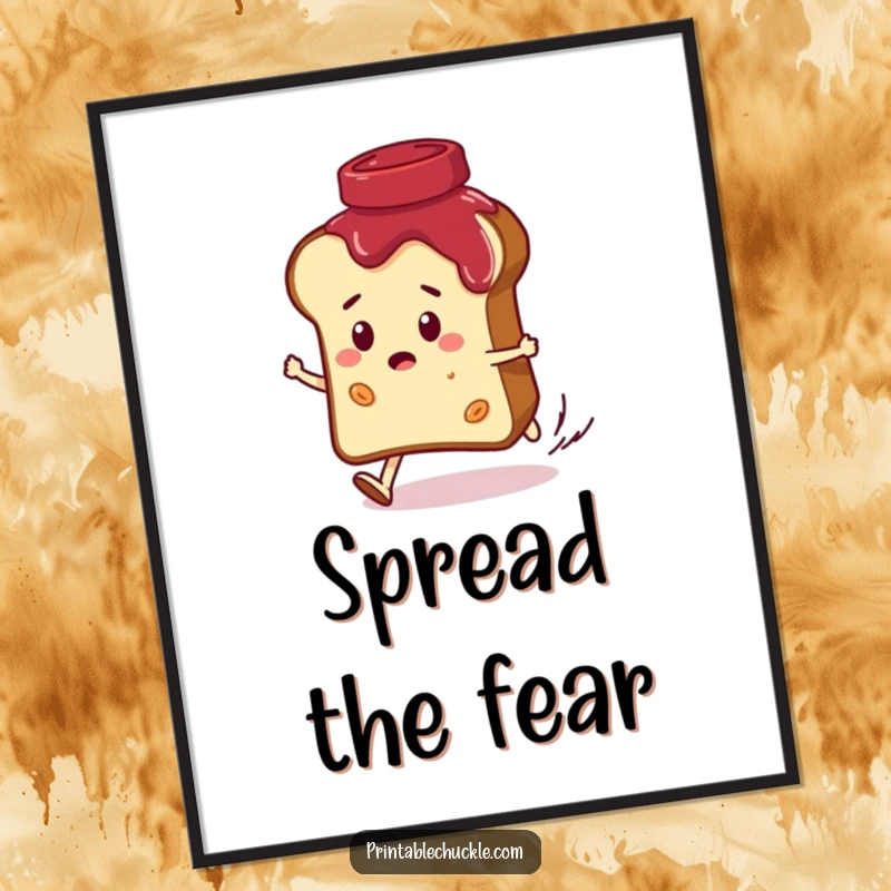 Funny poster showcasing a convinced bread slice character being chased by a giggling jar of jam, ideal for humorous breakfast-themed wall art.