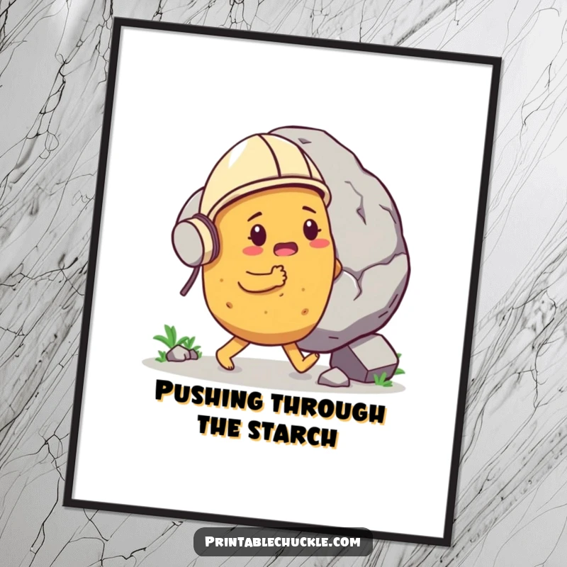 Funny determined potato in a tiny helmet, pushing a gigantic boulder, as wall art, celebrating hilarious effort, a funny gift.