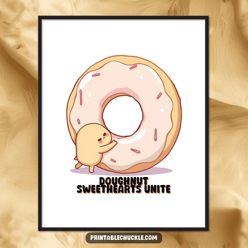 Funny poster illustrating a shy donut attempting to hug a large, smiling doughnut hole, symbolizing love and connection.