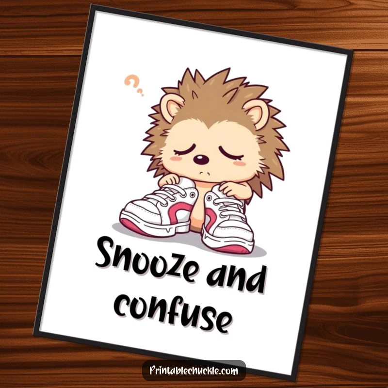 Funny hedgehog poster featuring a sleepy character confusedly trying on oversized sneakers, perfect for wall decor.