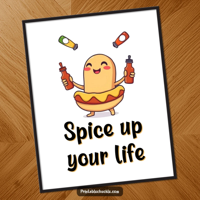 Funny poster print of a smiling hot dog juggling tiny condiment bottles, a comical and artistic food-themed gift.