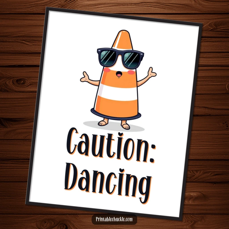 Funny poster art of a bewildered traffic cone in sunglasses attempting salsa, adding quirky charm to walls.
