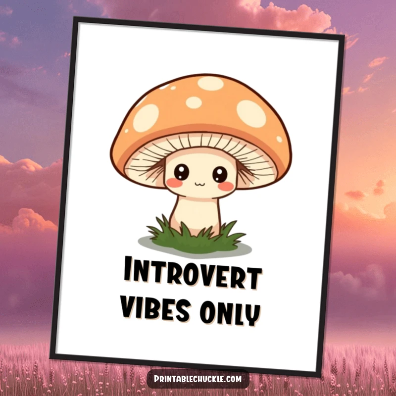Funny poster of a shy mushroom peeking from an oversized, quirky hat, adding whimsical charm to decor.