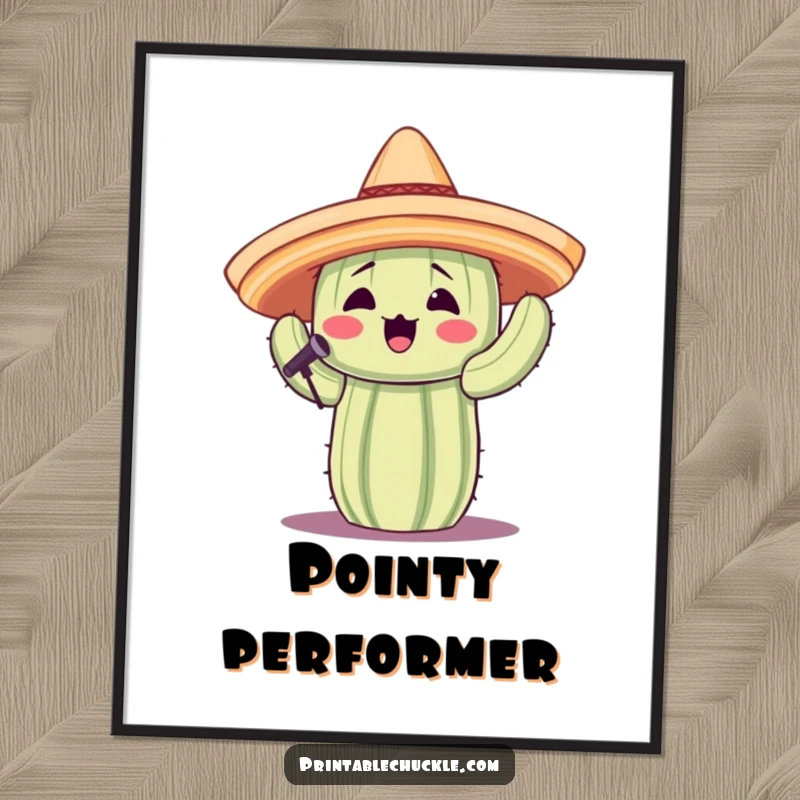 Funny poster featuring a cactus in a tiny sombrero joyfully singing, adding a musical and humorous touch.
