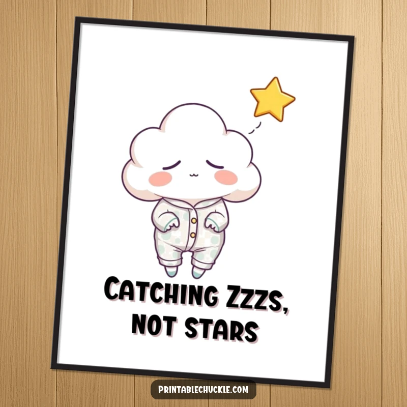 Funny sleepy cloud poster, wearing pajamas and yawning while trying to catch a falling star, a serene and humorous artwork.