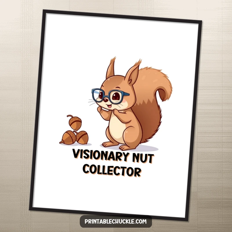 Funny squirrel poster showing a mischievous character with glasses juggling acorns using its tail, great wall decor.