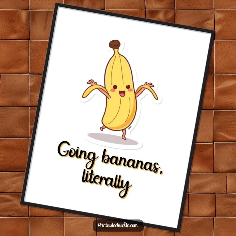 Funny dancing banana poster, humorously attempting to shed its peel mid-spin, a delightful piece of comical wall art.