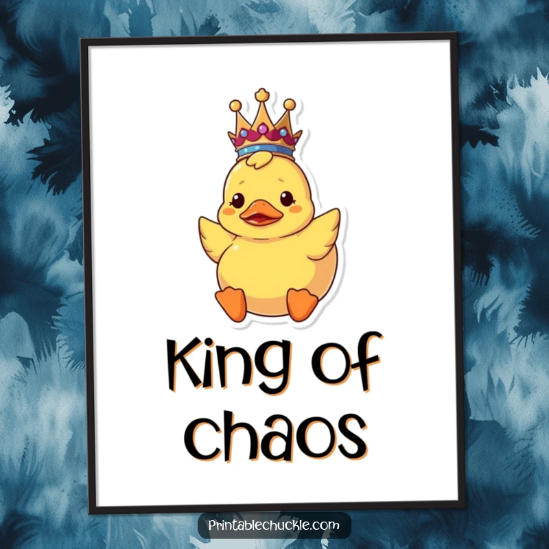 Funny upside down rubber duck poster wearing a crown, depicting a confused royal bath toy in art form.