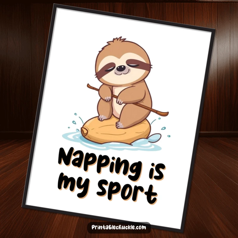 Funny poster print of a sleepy sloth attempting to water ski on a tiny cashew nut, a humorous and charming illustration.