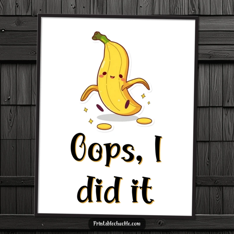 Funny banana peel poster depicting a cartoon peel in mid-pratfall, a humorous and dynamic slipping illustration.