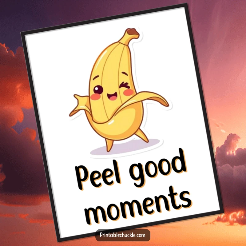 Funny poster art of a smiling banana character hilariously tripping over its own peel, conveying cheerful clumsiness.