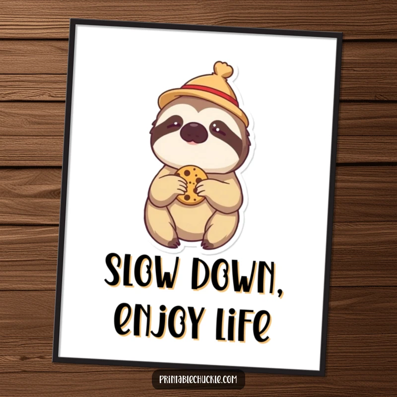 Funny poster: a sloth in a tiny hat, slowly reaching for a cookie, adding humor to wall decor.