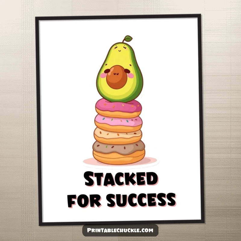 Funny poster print of a determined avocado precariously balancing on a tall, unstable stack of donuts, a humorous visual.
