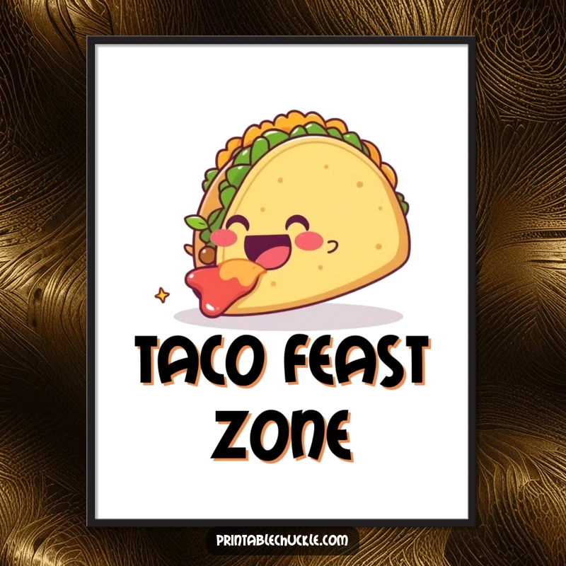 Funny smiling taco character gleefully eating a large floating taco, creating vibrant wall art. A delicious and funny poster.