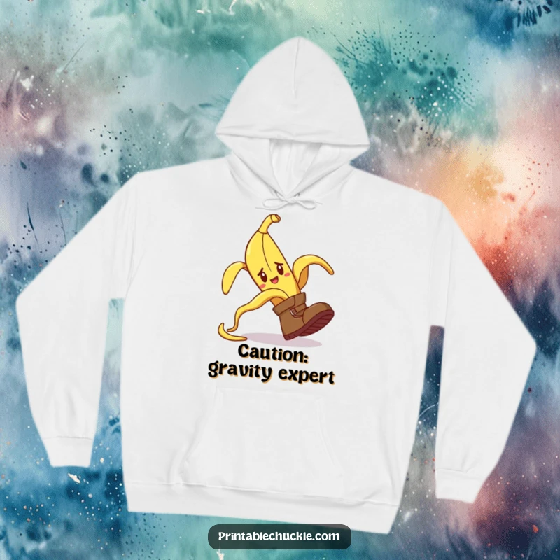 Funny hoodie with a banana peel comically tripping a confused boot, ultimate cozy and humorous apparel.