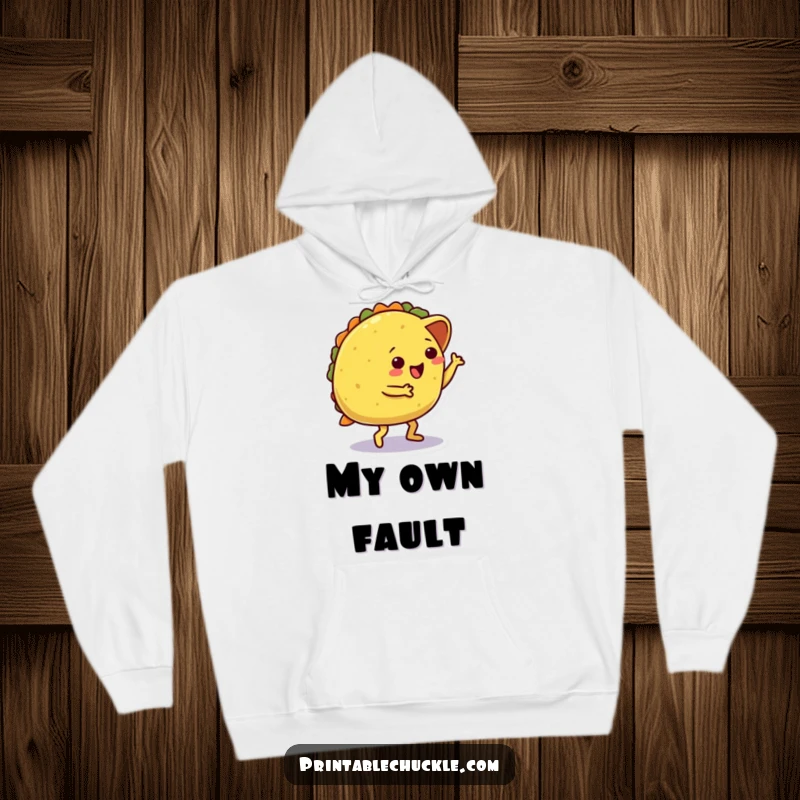 Funny hoodie depicting a dancing taco character hilariously tripping over its own shell, embodying delightful food-related clumsiness and humor.