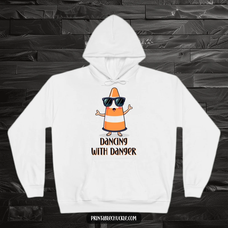 Funny hoodie depicting a bewildered traffic cone in sunglasses attempting a salsa dance, radiating confused energy.