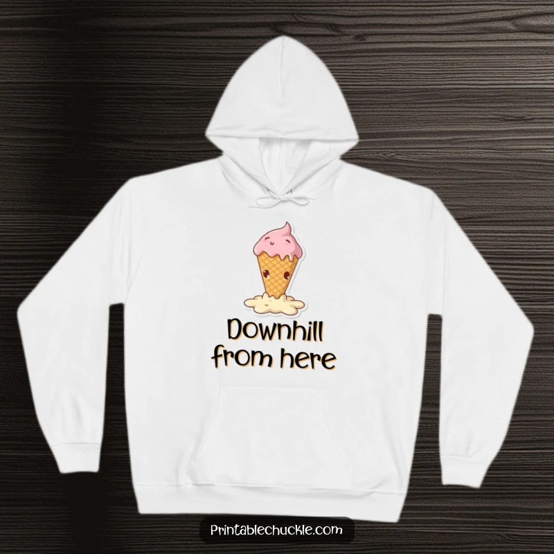 Funny hoodie with a melting ice cream cone in a dramatic, hilarious fall, offering cozy humor.