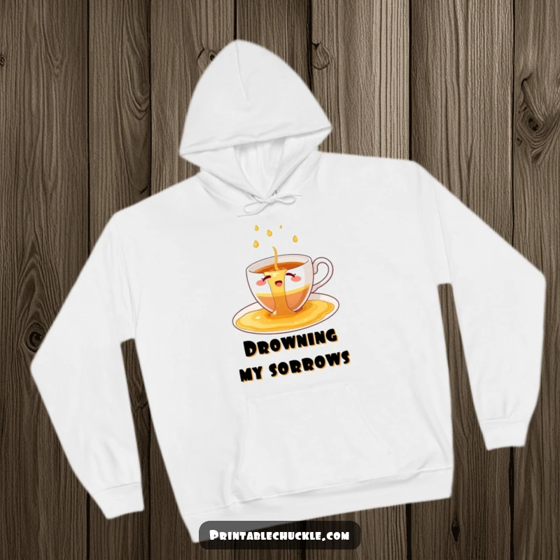 Funny hoodie featuring a bewildered teacup struggling to hold a waterfall of spilled tea.