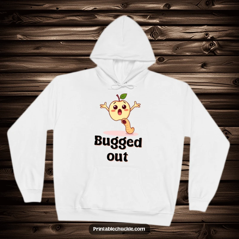 Funny surprised apple dodging a falling worm, a cozy and humorous hoodie.