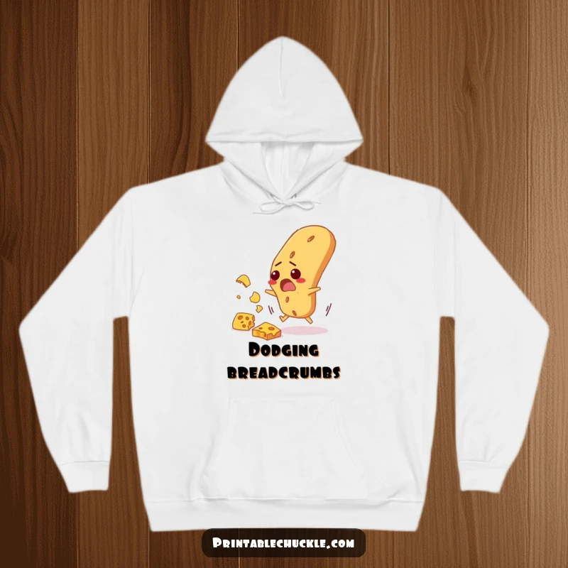 Funny hoodie depicting a startled baguette comically dodging falling cheese, offering cozy humor for food lovers.