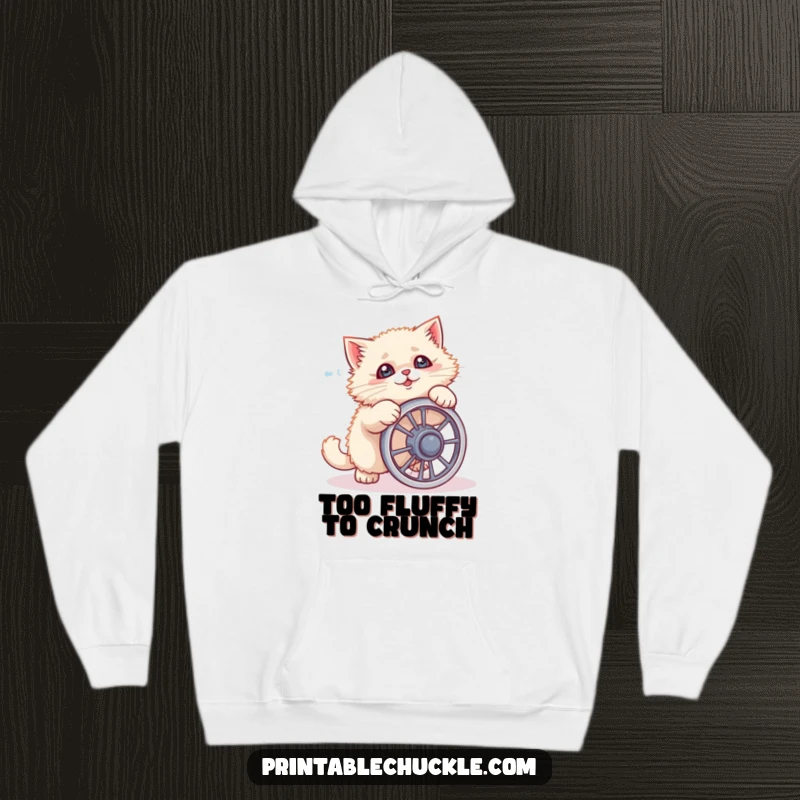 Funny cat hoodie depicting a fluffy feline failing comically with a tiny ab wheel, perfect for staying warm and amused.