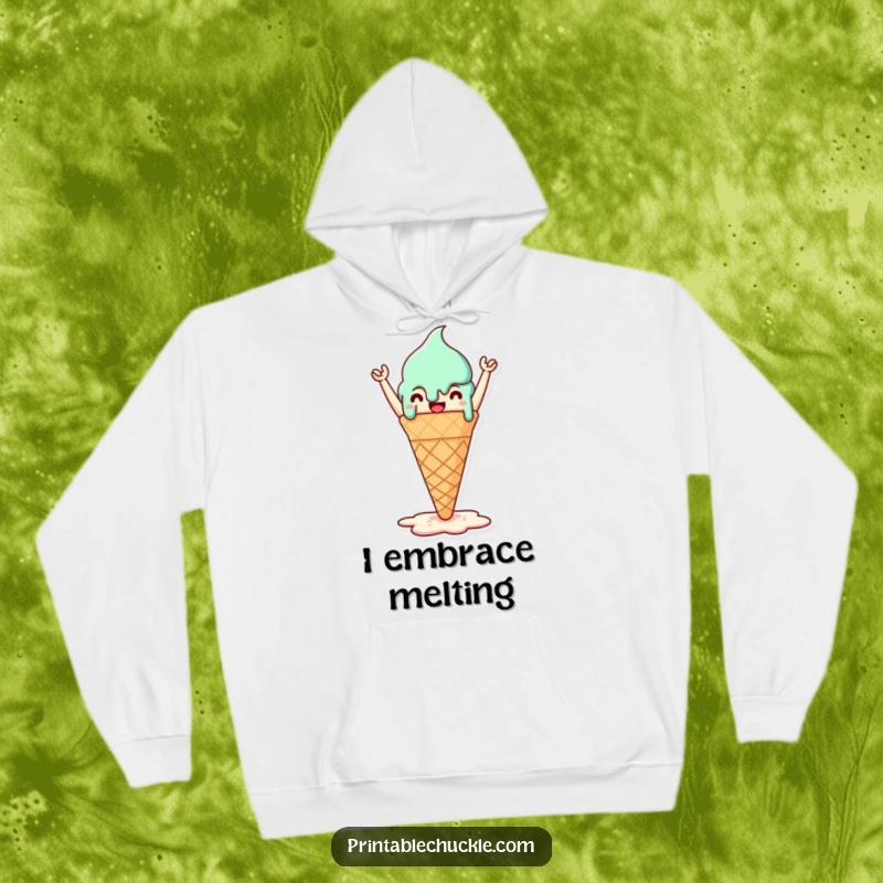 Funny hoodie featuring a triumphant melted ice cream cone, celebrating summer and cozy relaxation.