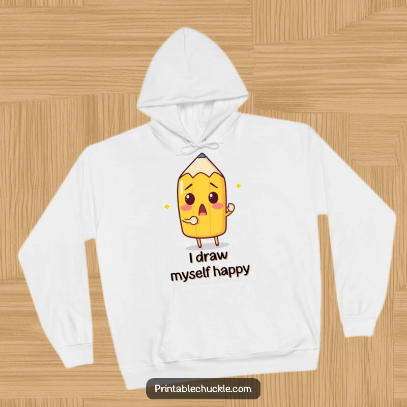 Funny Pencil Hoodie: A surprised pencil attempts to draw itself with its own point, offering warmth and artistic humor.